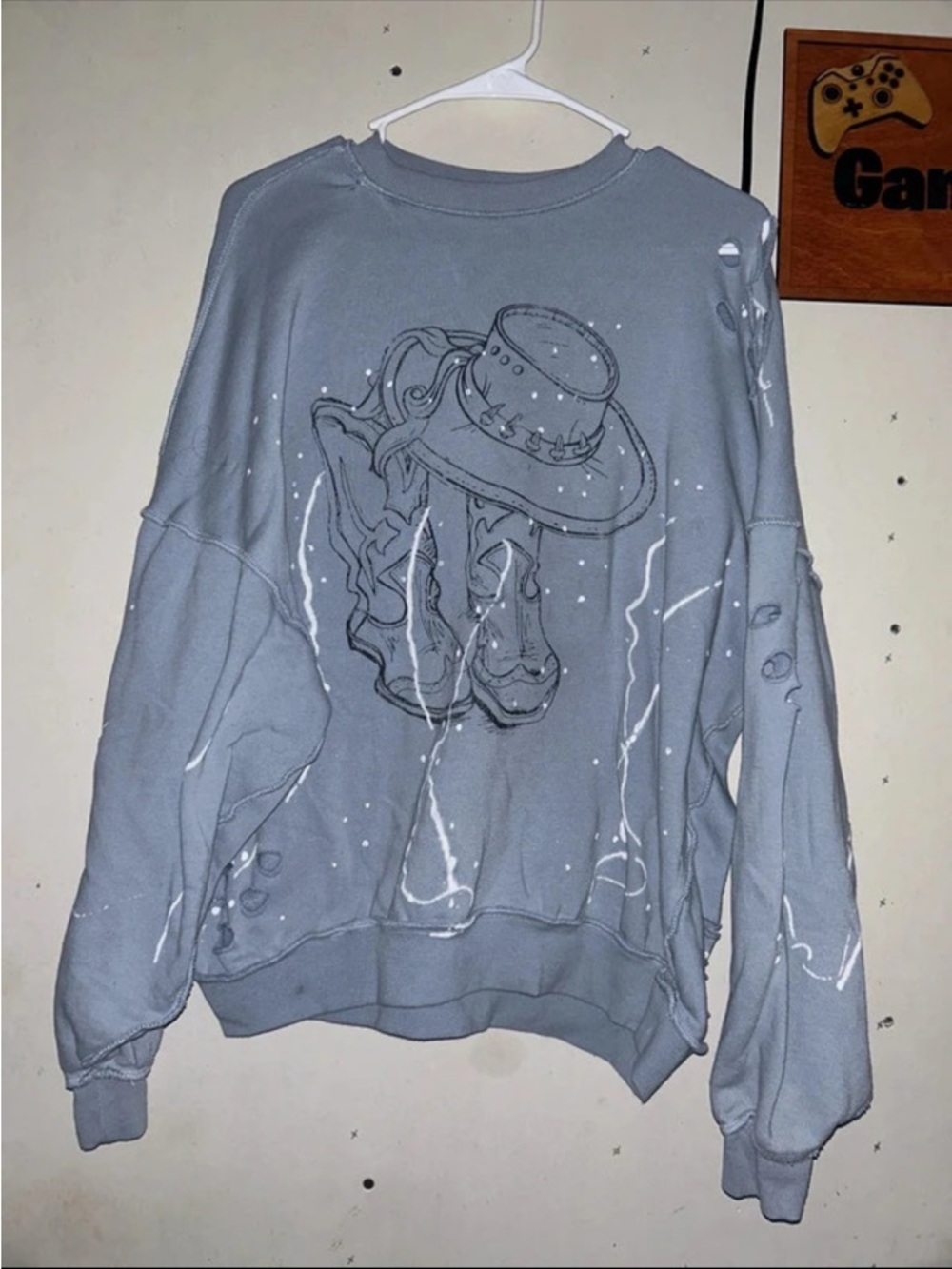 Blue Graphic Cowboy Hat Crewneck Sweatshirt -  women Sweaters